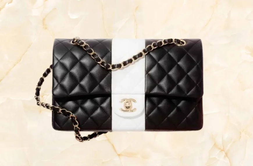 black and white designer crossbody bag with gold chanel logo and chain strap