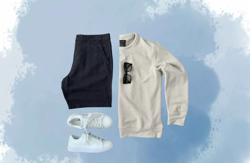 a white sweatshirt, dark gray shorts, black sunglasses, and white shoes from stately men box