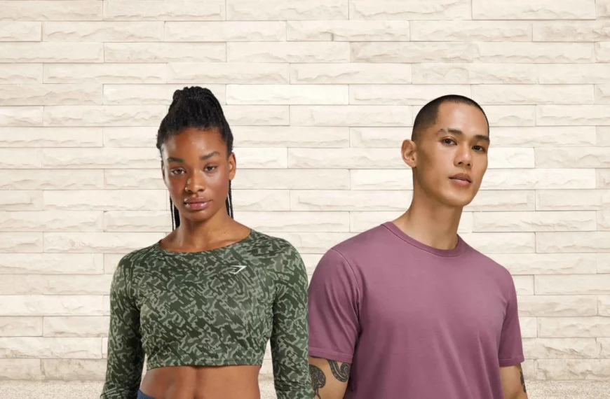 woman wearing green gymshark cropped shirt and man wearing purple lululemon t-shirt