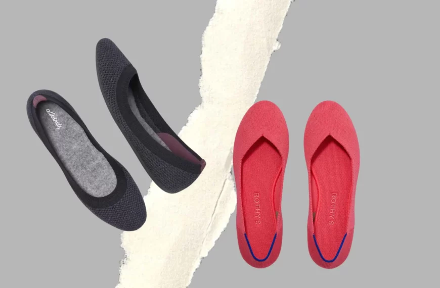 pair of dark gray allbirds flats and a pair of pink rothys flats