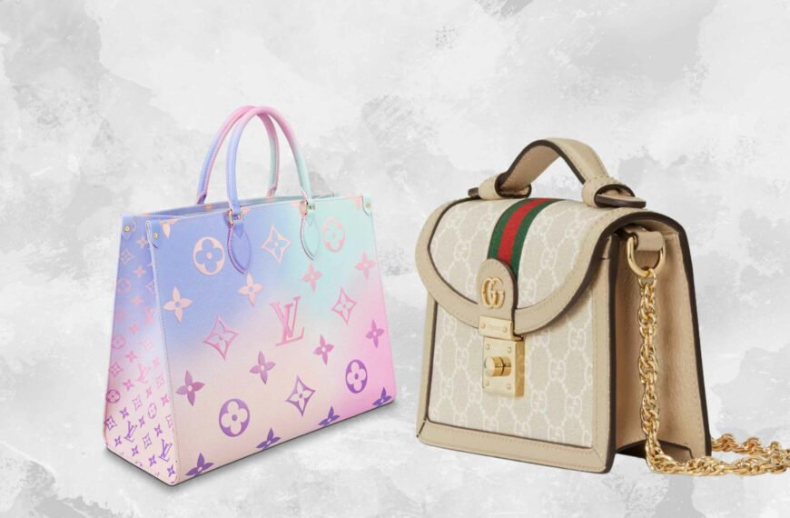 on left, light blue and pink louis vuitton bag, on the right is a tan, monogrammed gucci bag