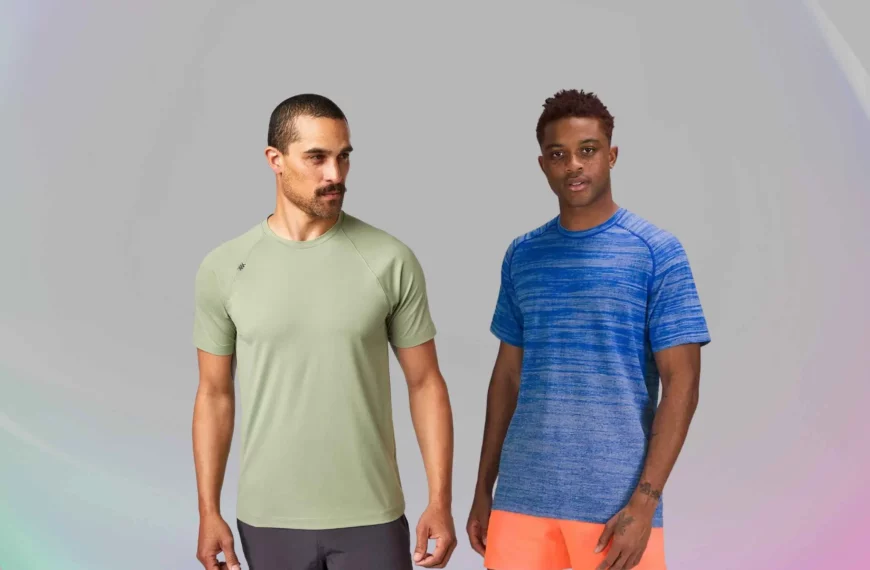 man on left is wearing light green Rhone t-shirt, man on right is wearing blue Lululemon shirt