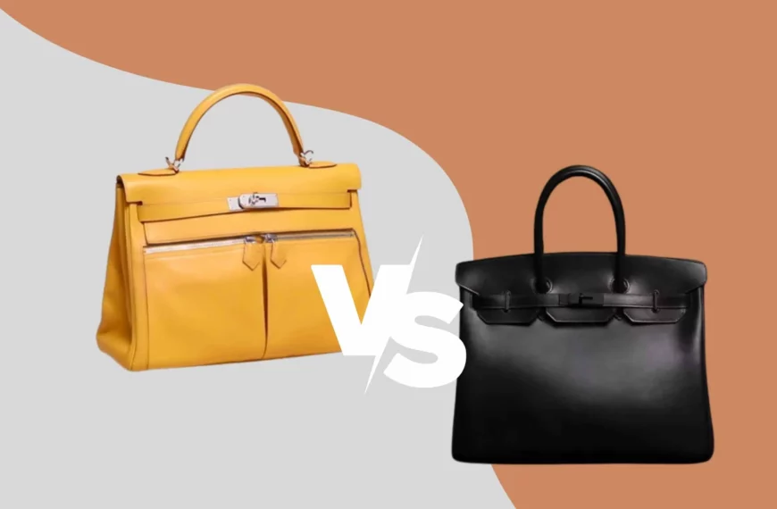 a yellow kelly bag facing a black birkin bag with the letters "vs" between them in white