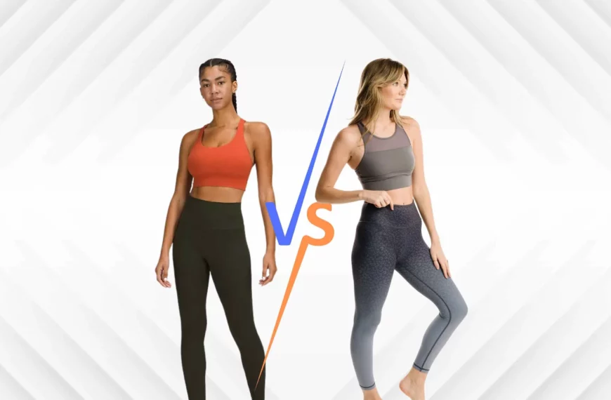 one woman wearing lululemon orange top and black leggings, another woman wearing zyia gray top and gray leggings, the letters "vs" between them