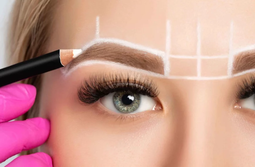 close up of woman's eyes with a diagram of brow mapping over eyebrows in white pencil