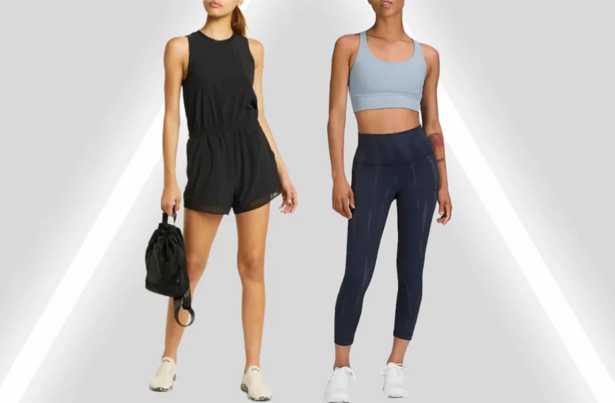 woman wearing all black Zella outfit on left, and a woman wearing blue activewear from Lululemon on right