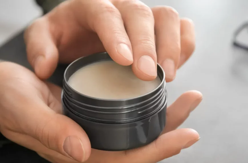 closeup of person's hands holding tub of hair wax or pomade