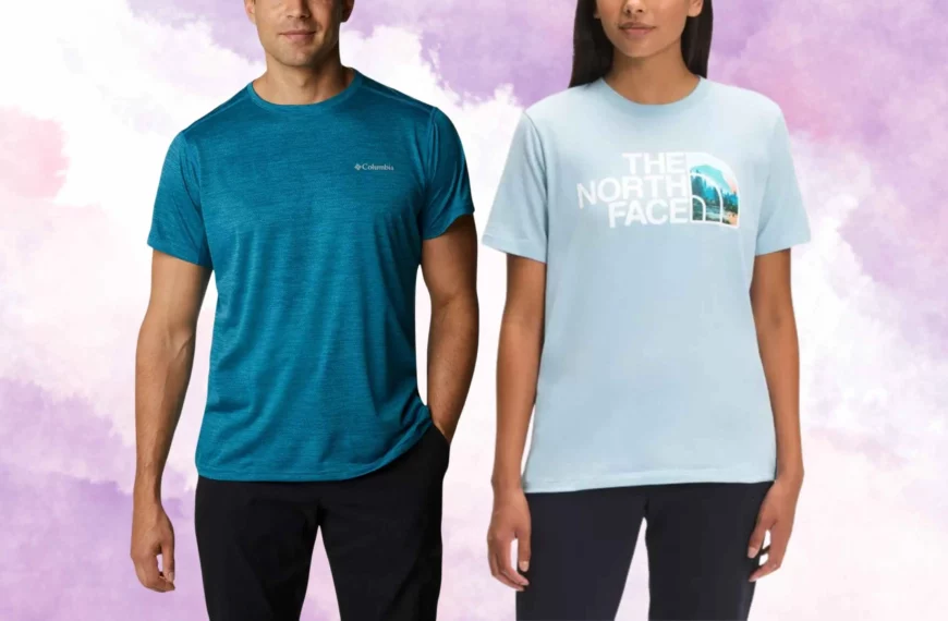 body shot of man wearing blue Columbia shirt and woman wearing blue The North Face shirt