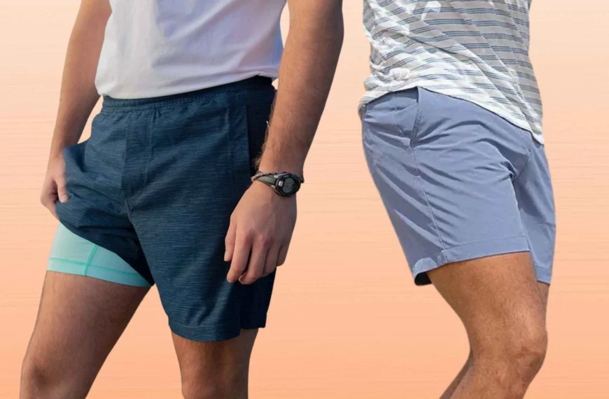 close up body shot of man wearing blue Birddogs shorts and a man wearing light gray Chubbies shorts