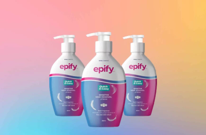 3 identical purple, blue, and white bottles of Epify hair removal cream