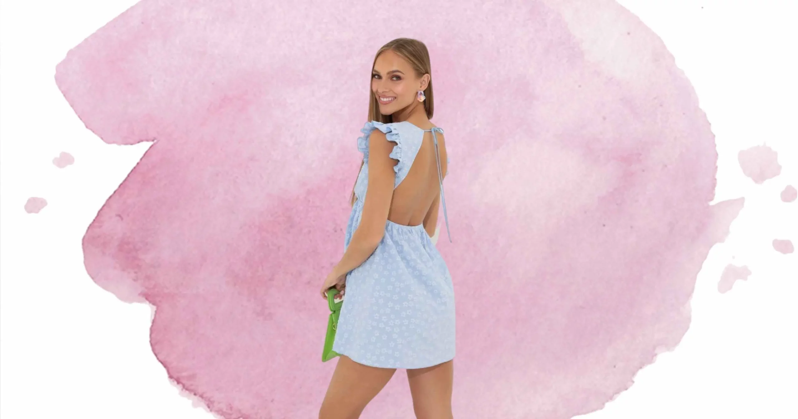 woman looking over shoulder, wearing blue floral dress from Lucy In The Sky