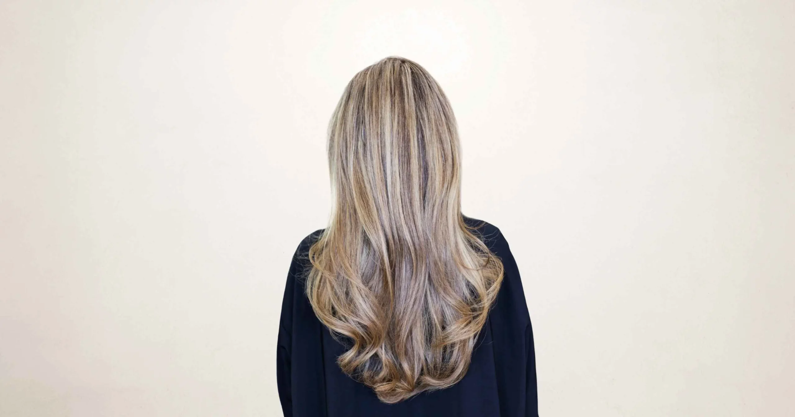 back of woman's head with long blonde hair and highlights