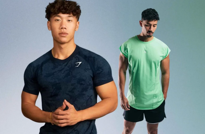 man wearing blue camo print Gymshark shirt, another man looking down, wearing green shirt and black shorts from Alphalete