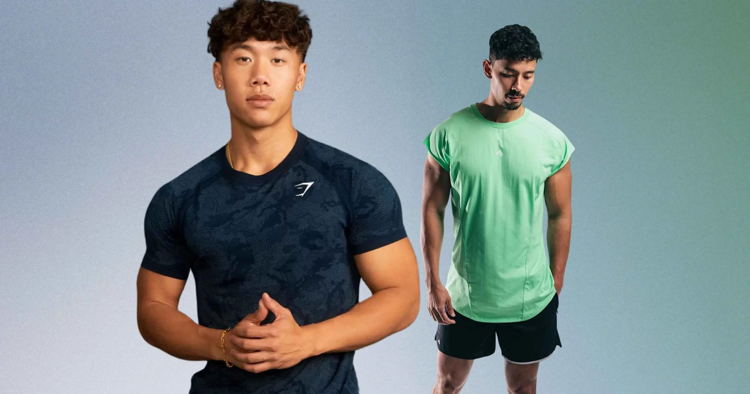 man wearing blue camo print Gymshark shirt, another man looking down, wearing green shirt and black shorts from Alphalete