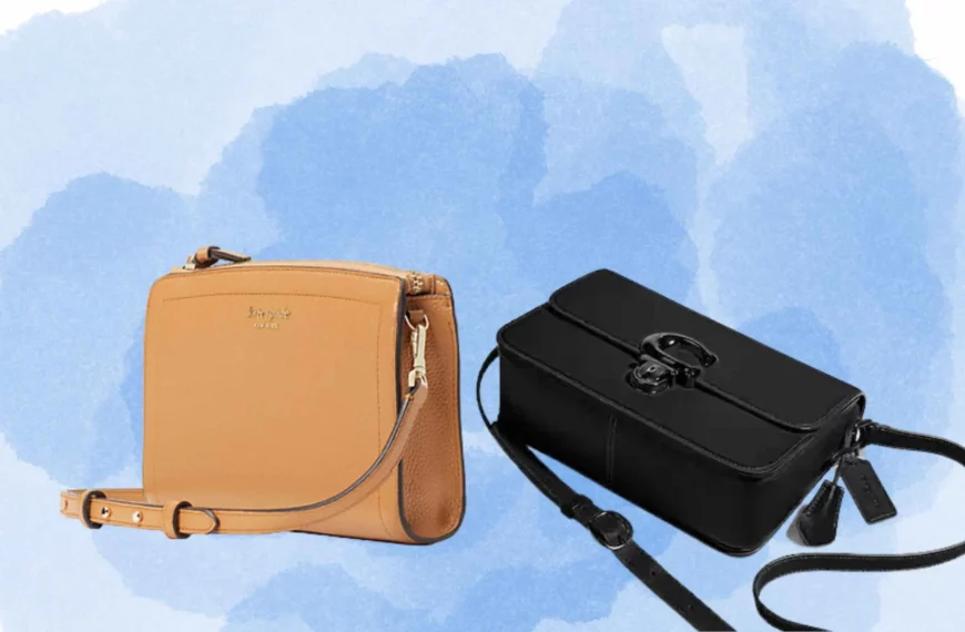 tan Kate Spade purse next to black Coach purse