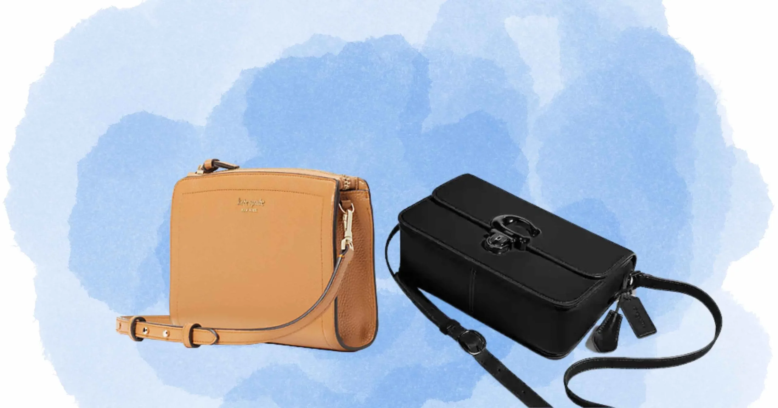 tan Kate Spade purse next to black Coach purse