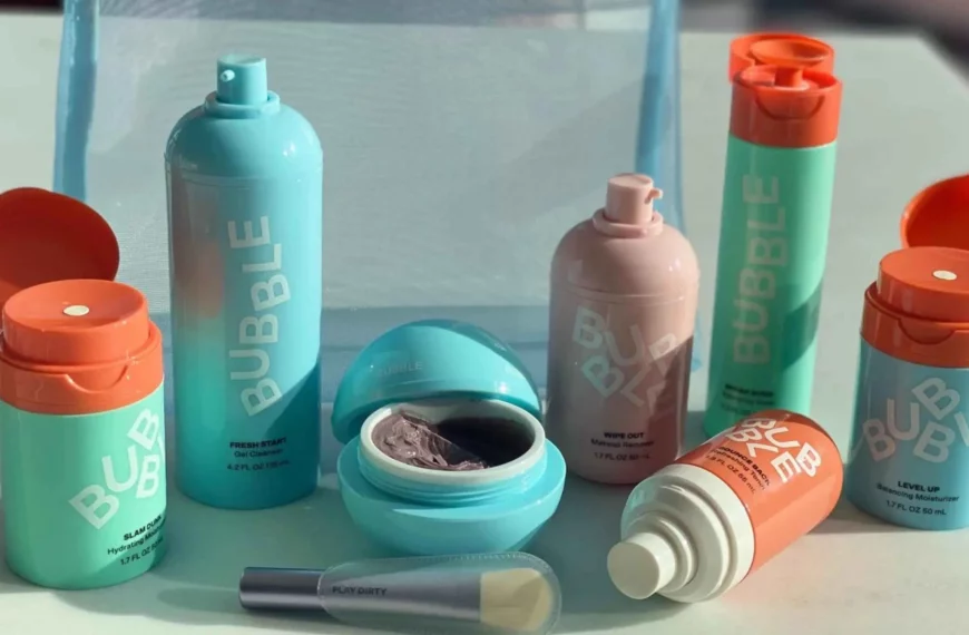 varitey of Bubble skincare products in light blue, orange, and pink