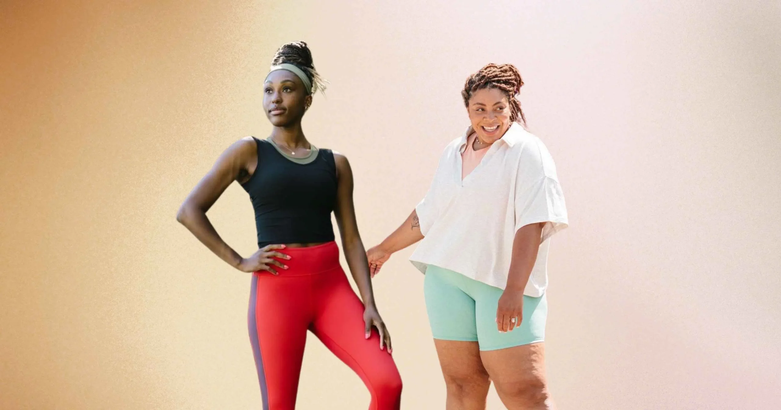 woman wearing red top, black leggings from Zyia, and a woman wearing white top, blue shorts from Athleta