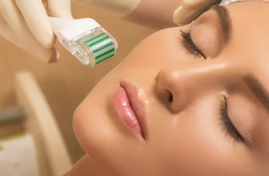 closeup of woman's face and a hand holding a microneedling roller