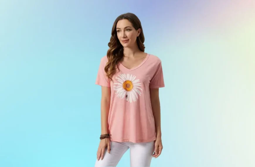 woman looking off camera, wearing pink top with sunflower and white pants from CurveDream