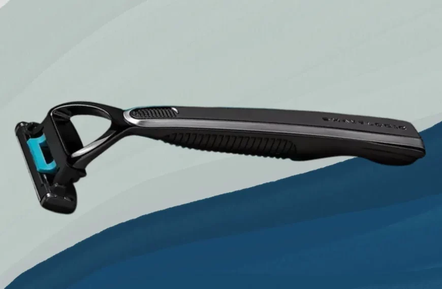 black shavelogic razor against blue background