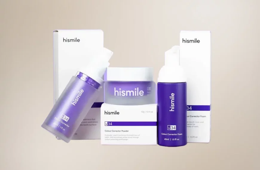 six HiSmile products in white and purple packaging