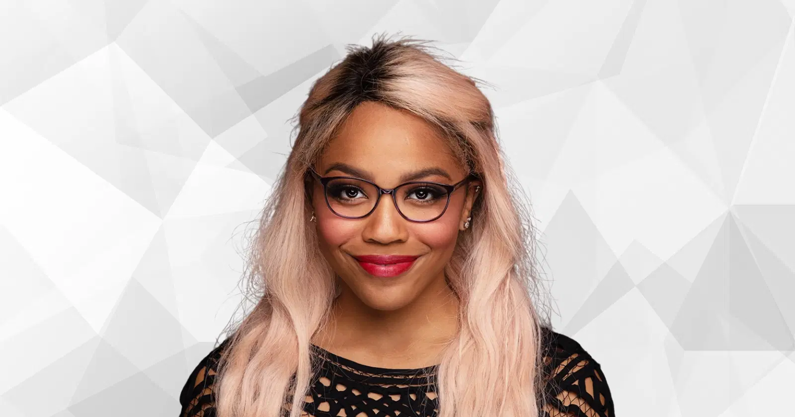 woman with blonde hair looking at camera, smiling, wearing glasses from Liingo eyewear