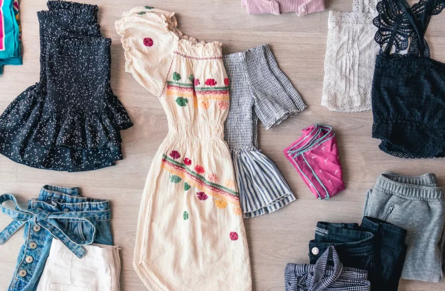 women's clothes layed out across wooden floor