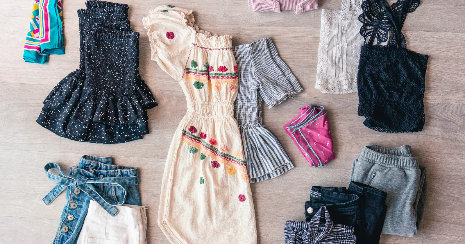 women's clothes layed out across wooden floor