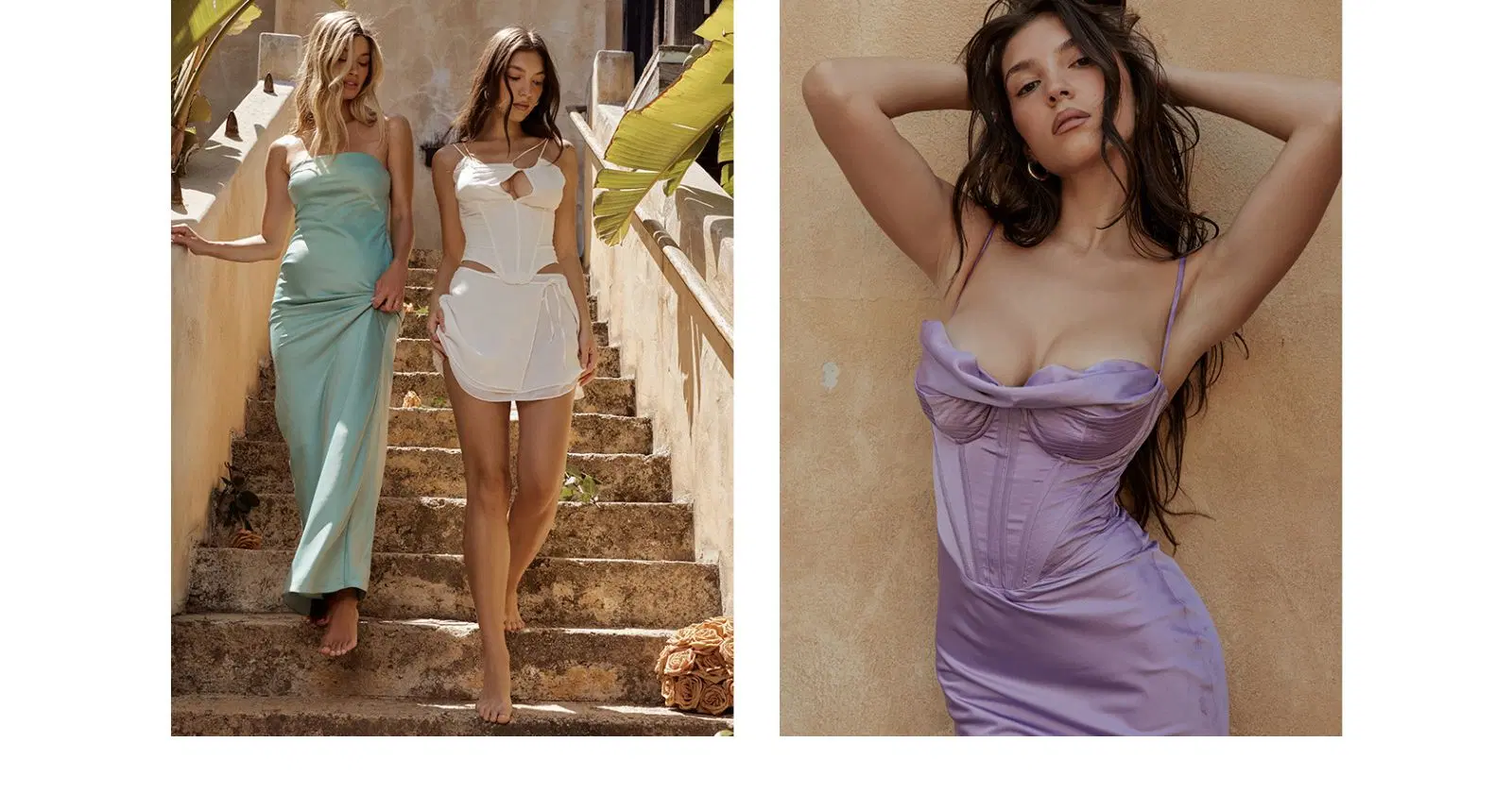 left: 2 women walking down stairs, 1 in blue dress, the other in white; right: woman wearing purple dress from house of CB