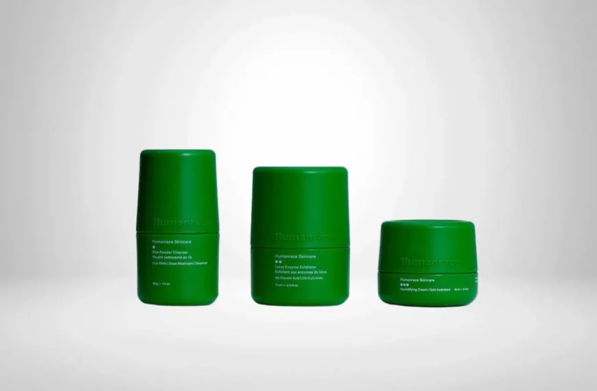 3 green bottles of Humanrace Skincare products