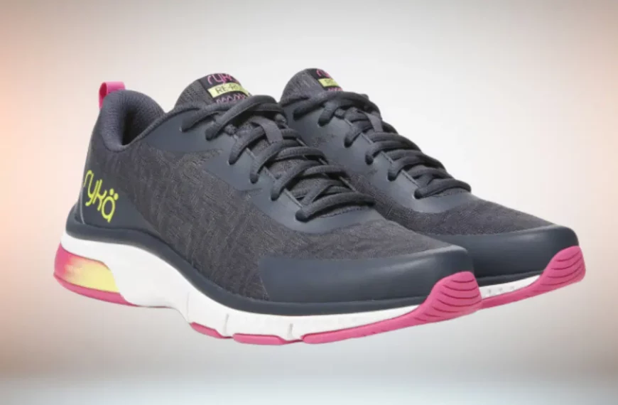 gray Ryka running shoes with white and pink outsole