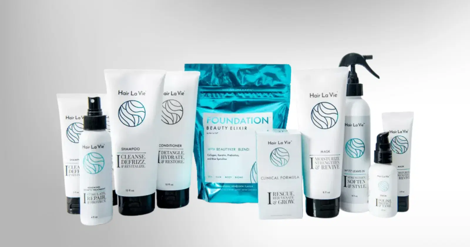 variety of hair la vie products in white, blue, and black packaging