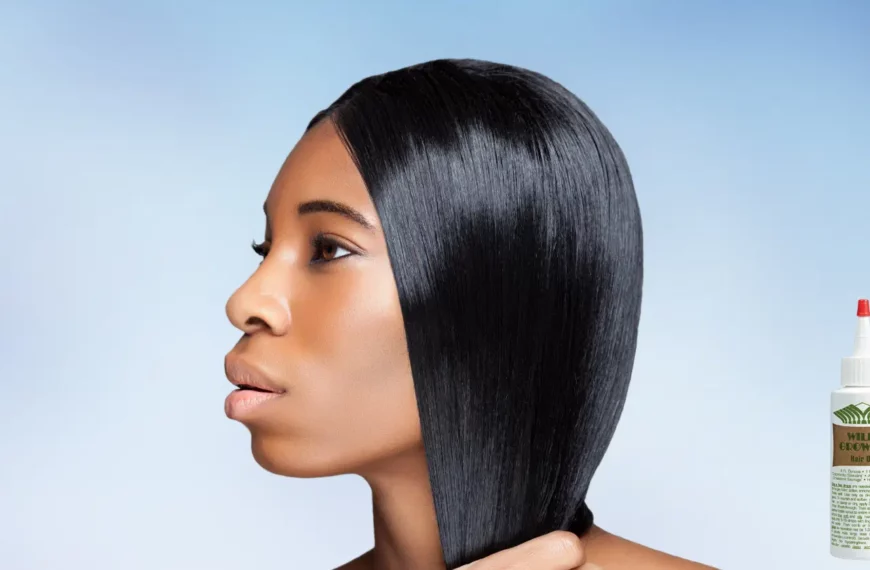 woman with shiny black hair looking off camera, a bottle of Wild Growth hair oil is in the corner of frame