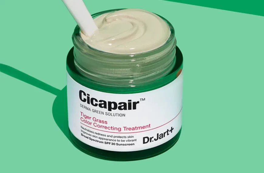 jar of Dr Jart color correcting treatment against green background