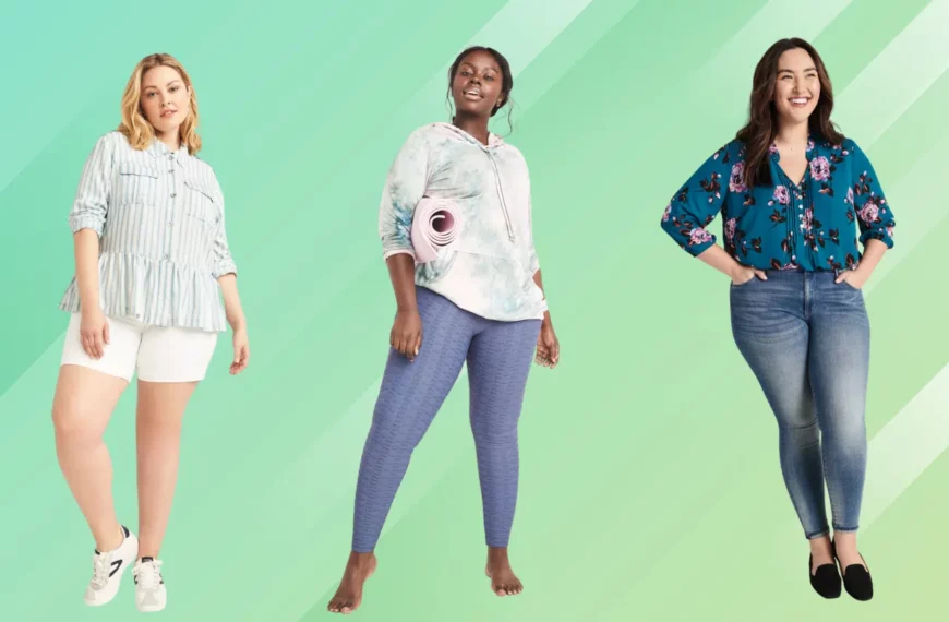 three women with plus-zise figures wearing trendy clothes on green background