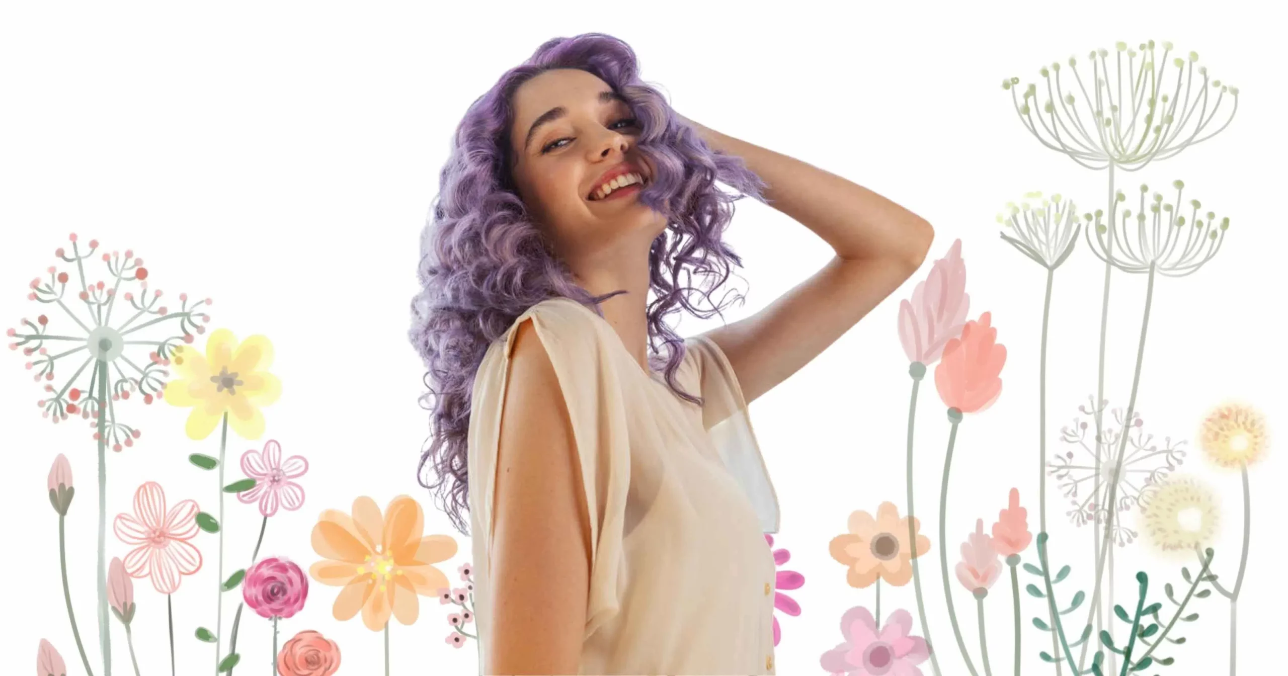 woman smiling, looking at camera with hand on head, she has purple hair from aura hair care products