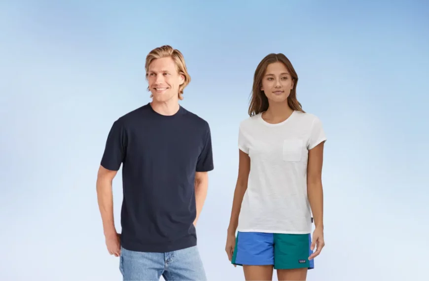 man in black tshirt, blue jeans from LL Bean, woman in white top, blue shorts from Patagonia