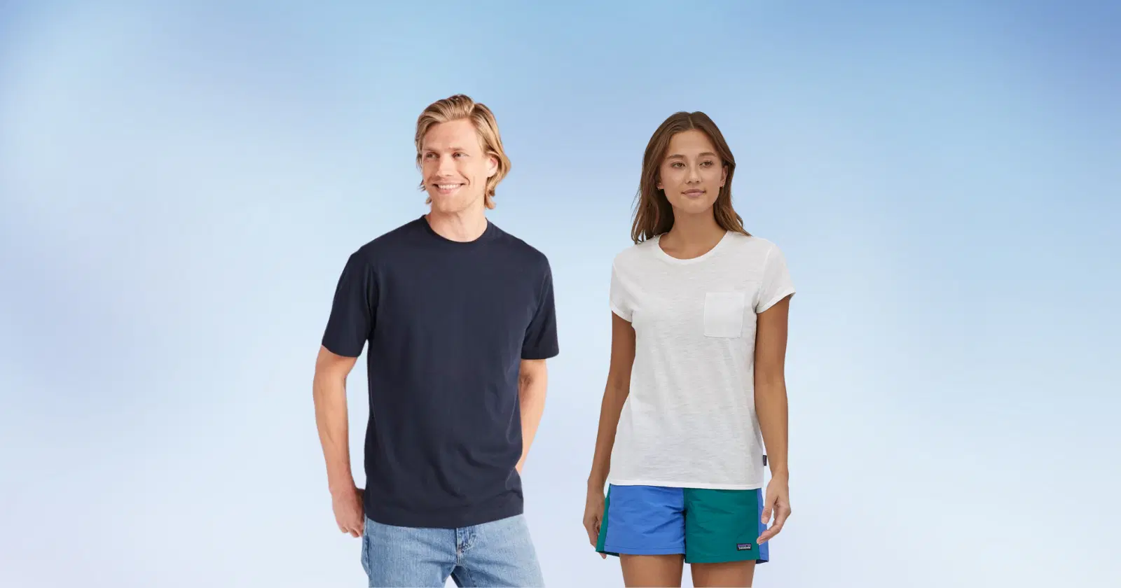 man in black tshirt, blue jeans from LL Bean, woman in white top, blue shorts from Patagonia