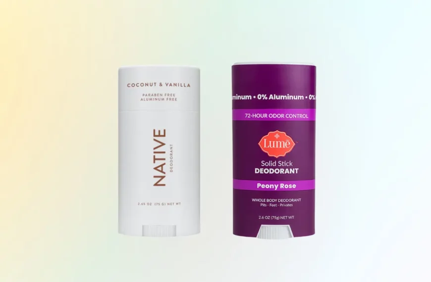 white containter of deodorant from Native beside purple deodorant from Lume