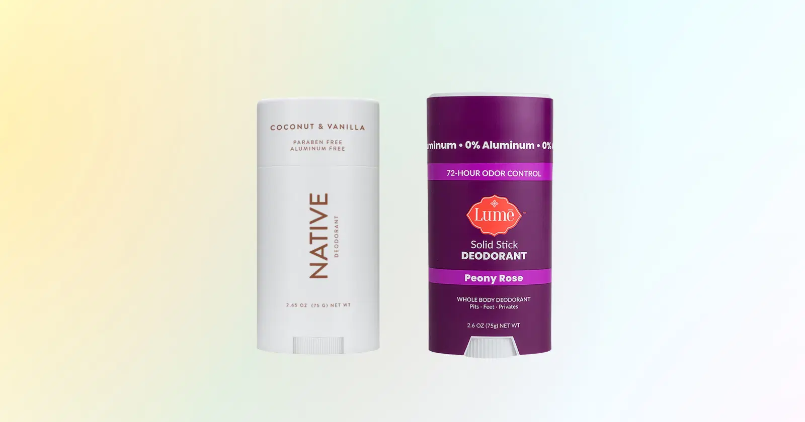 white containter of deodorant from Native beside purple deodorant from Lume