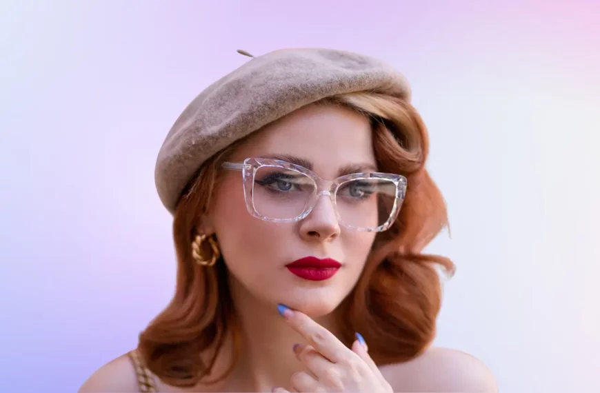 woman with red hair and red lipstick, wearing gray beret and clear glasses from Vooglam