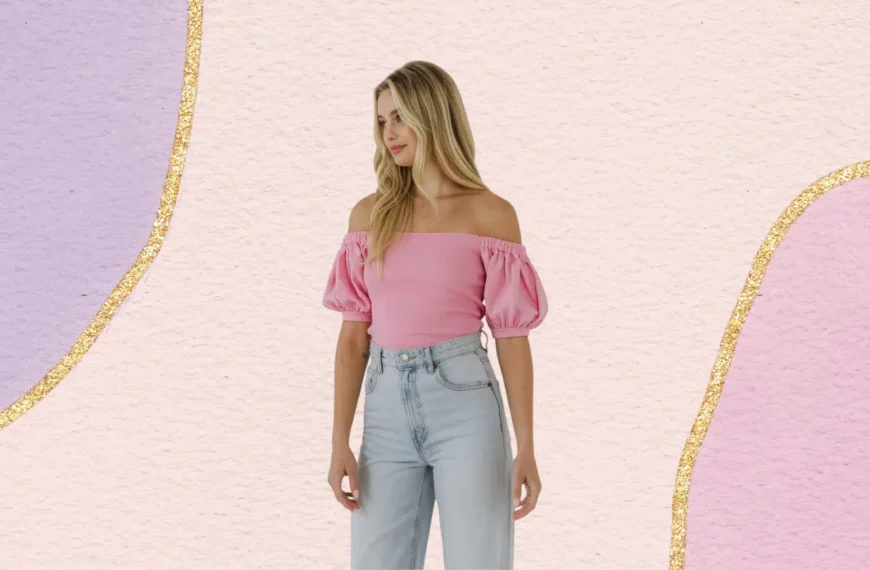 woman looking away from camera, wearing pink top and denim jeans from Verishop