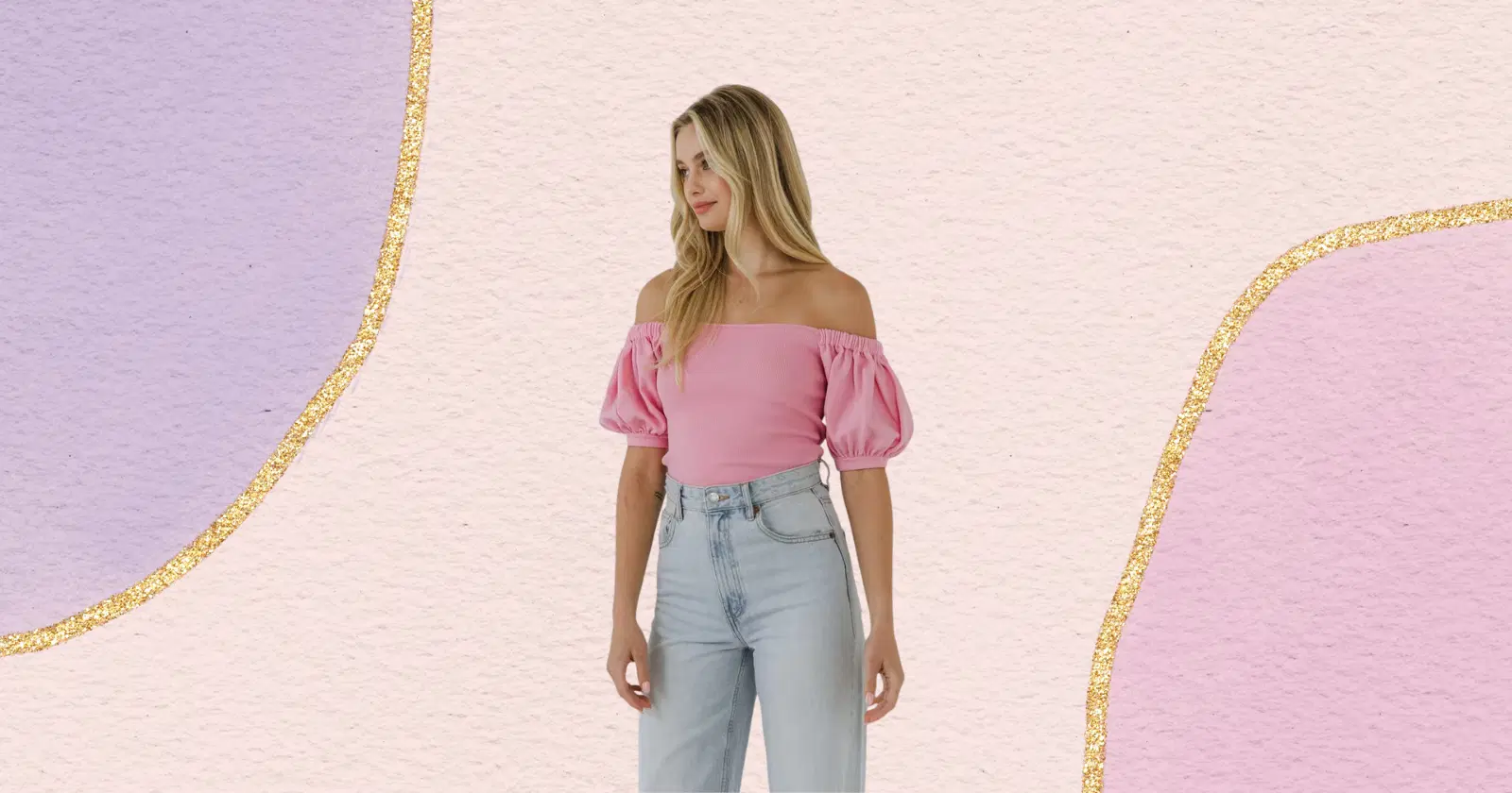 woman looking away from camera, wearing pink top and denim jeans from Verishop