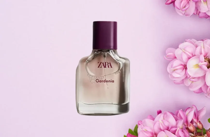 bottle of Zara Gardenia perfume against purple background with flowers