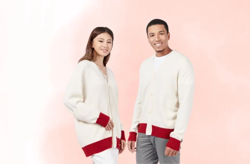 woman and man looking at camera, wearing white and red sweaters from Gobi Cashmere