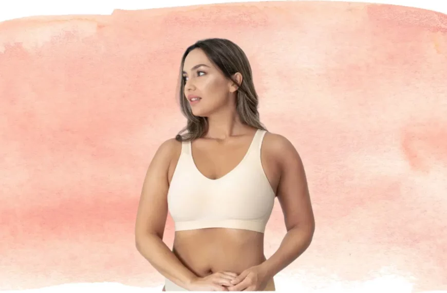 woman looking off camera wearing a beige Truekind bra