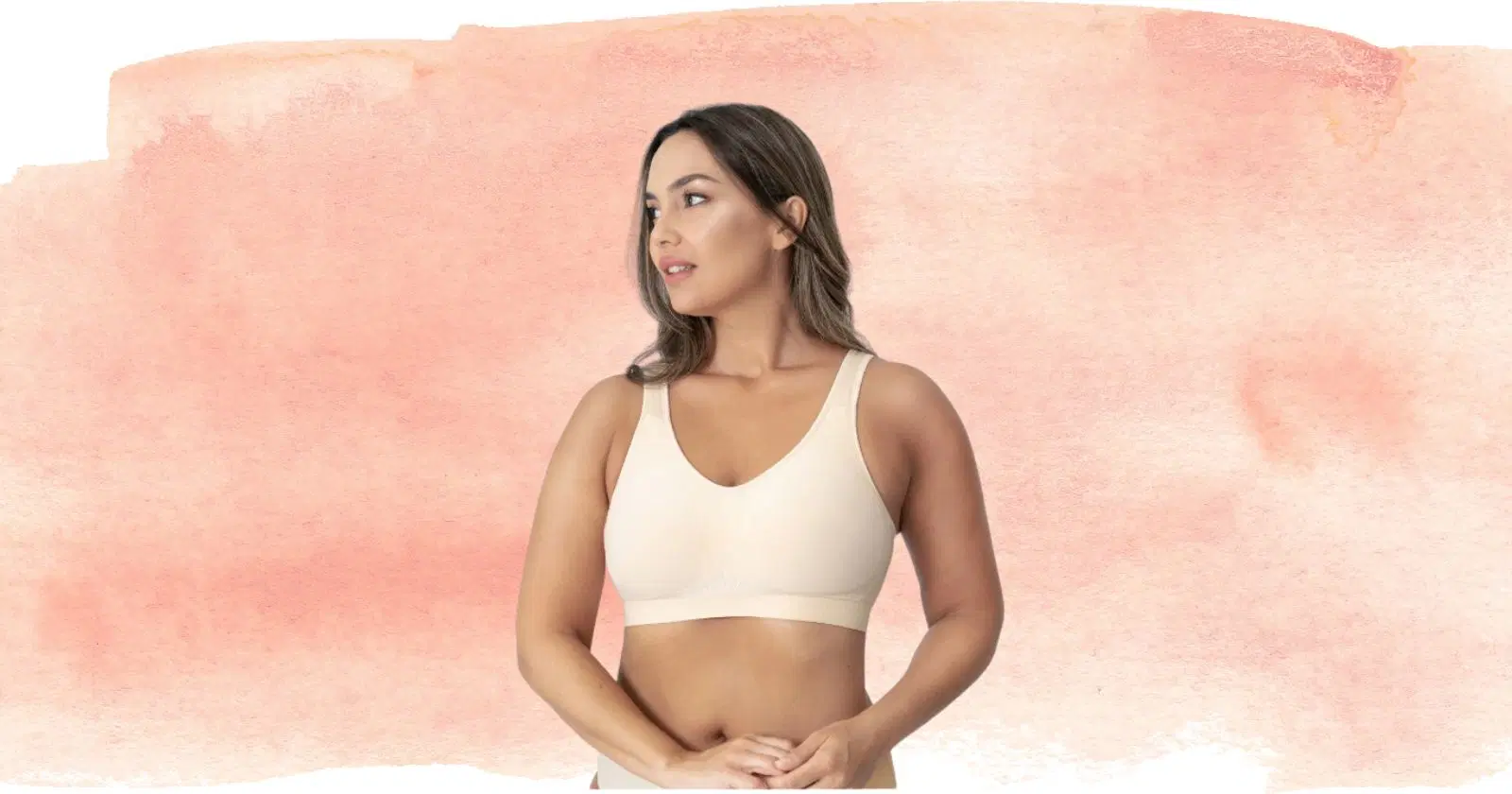 woman looking off camera wearing a beige Truekind bra