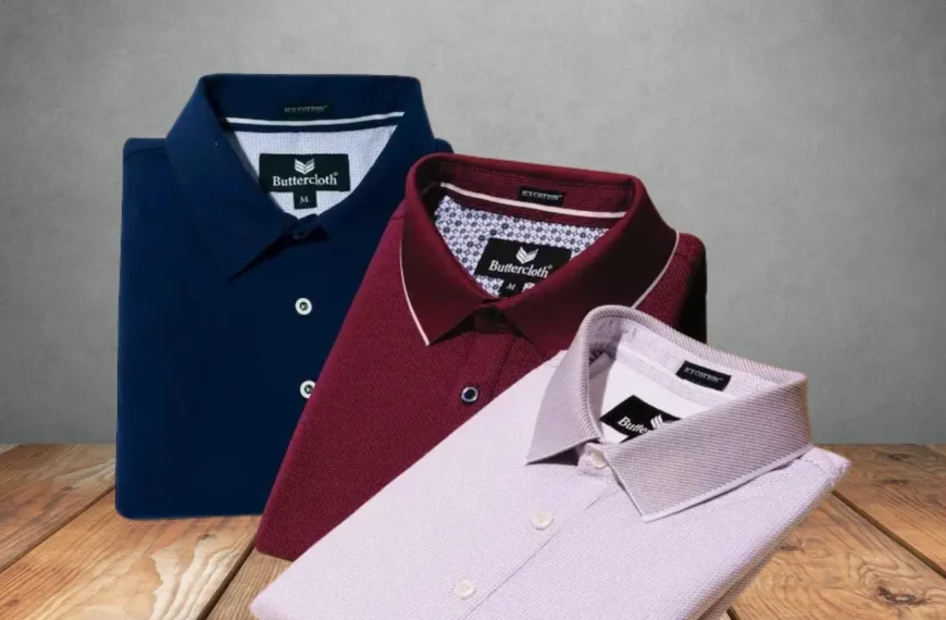 3 buttercloth shirts in blue, red, and white