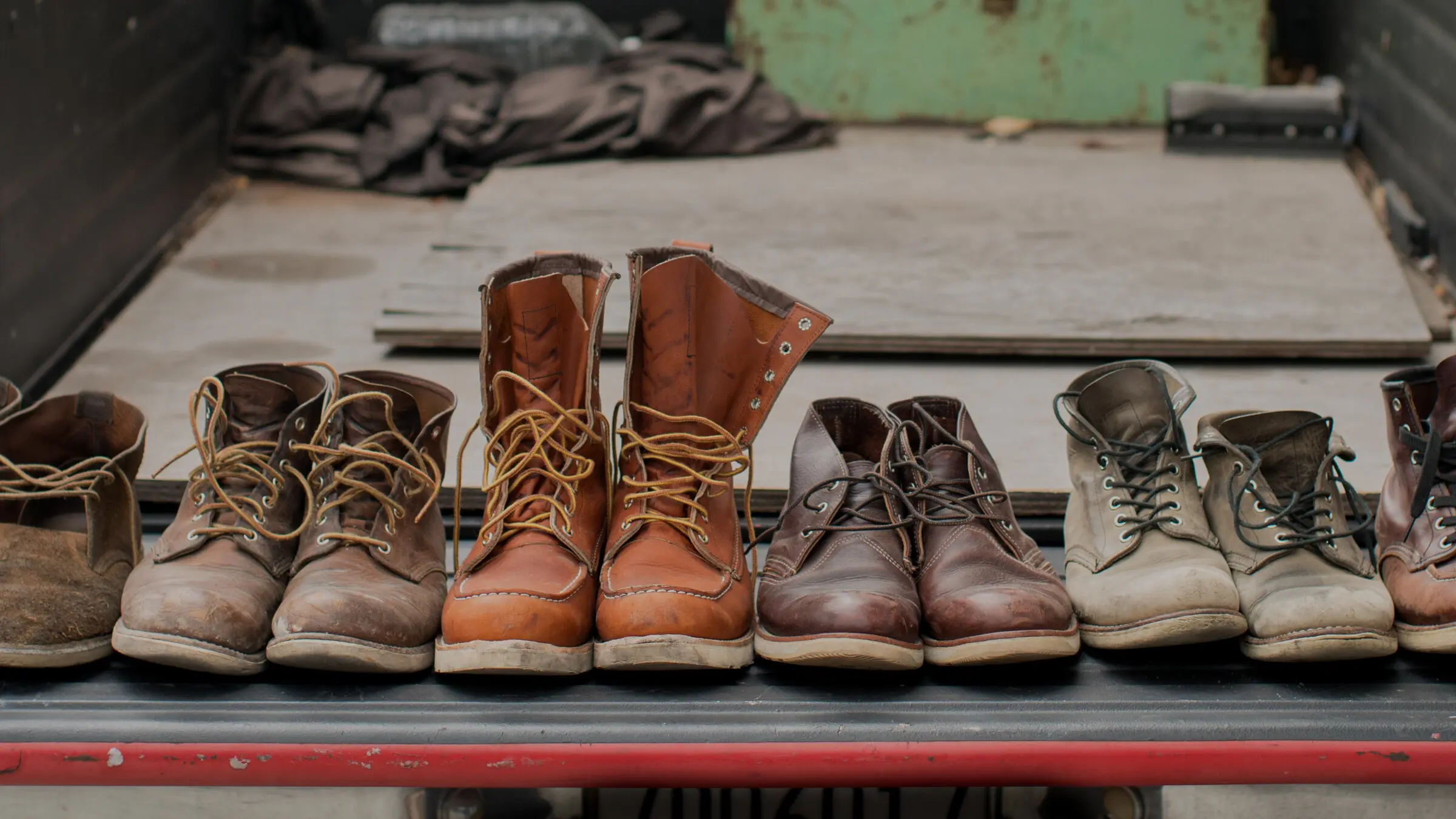 photo of 6 pairs of Red Wing work boots sitting side-by-side